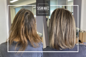 Umfassende Farb- & Schnittkorrektur | Susan Matz - Coiffeur Nürnberg Vorher-Nachher Bild Farbkorrektur für blonde Haare ausgewachsenes orangestichiges Blond Blond Bob Haarschnitt Aschton beim Friseur Susan Matz - Coiffeur Nürnberg