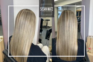Feine Blond-Strähnen | Susan Matz - Coiffeur Nürnberg Feine Blond-Strähnen auf langem, glattem Haar verschiedene Ansichten Susan Matz Coiffeur Nürnberg