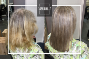 Grey Blending & Schnitt für reifes Haar | Susan Matz - Coiffeur Nürnberg Vorher-Nachher Bild Grey Blending graues Haar integrieren Strähnentechnik Schnitt Susan Matz - Coiffeur Nürnberg