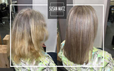 Vorher-Nachher Bild Grey Blending graues Haar integrieren Strähnentechnik Schnitt Susan Matz - Coiffeur Nürnberg