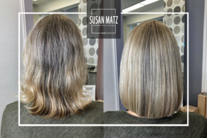 Grey Blending für natürliche Übergänge | Susan Matz - Coiffeur Nürnberg Vorher-Nachher Bild Grey Blending graues Haar integrieren Strähnentechnik Susan Matz - Coiffeur Nürnberg