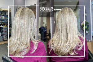 Babylights Nürnberg | Friseur Susan Matz Cremiges Hellblond mit feinen Strähnen langes Haar verschiedene Ansichten Susan Matz Coiffeur Nürnberg