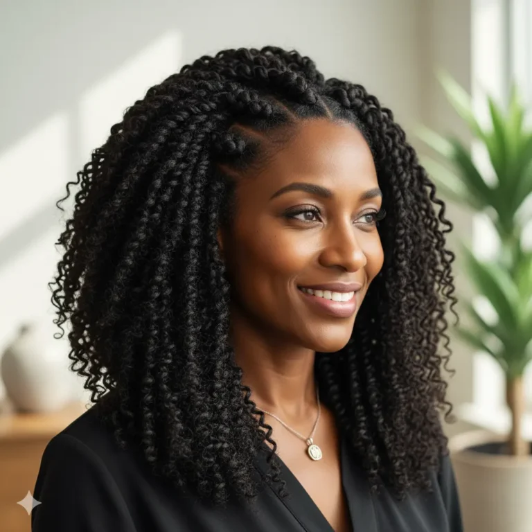 Frau mit dichtem, definiertem Afrohaar (Lockentyp 4), das Elemente von Twists und Bantu Knots zeigt. Natürliche, geschützte Haarstruktur.