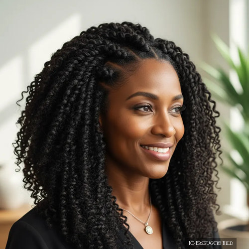 Frau mit dichtem, definiertem Afrohaar (Lockentyp 4), das Elemente von Twists und Bantu Knots zeigt. Natürliche, geschützte Haarstruktur. Dieses Bild ist KI erzeugt.