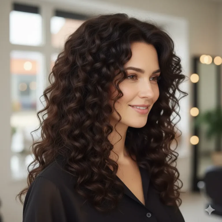 Frau mit dunklem schokobraunem, langem, leicht gestuftem Haar. Die Locken (Typ 3) sind vom Ansatz an stark definiert und voluminös. Erstellt beim Friseur Susan Matz - Coiffeur in Nürnberg.