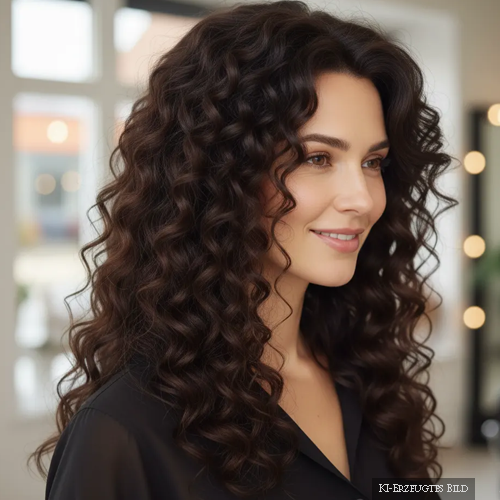 Frau mit dunklem schokobraunem, langem, leicht gestuftem Haar. Die Locken (Typ 3) sind vom Ansatz an stark definiert und voluminös. Beim Friseur Susan Matz - Coiffeur in Nürnberg. Dieses Bild ist KI erzeugt.