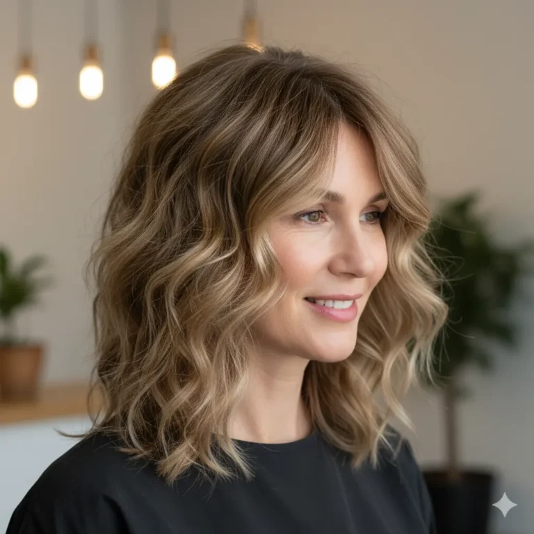 Frau mit schulterlangem, hellbraunem Shag Cut und aufgekneteten Wellen (Typ 2), die Volumen und Definition zeigen. Erstellt beim Friseur Susan Matz Coiffeur in Nürnberg.