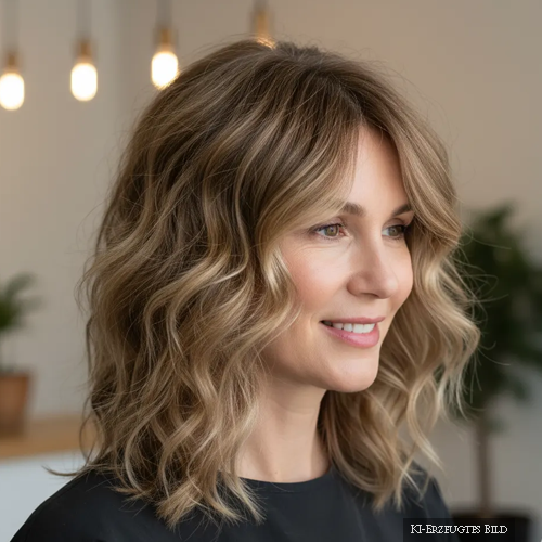 Frau mit schulterlangem, hellbraunem Shag Cut und aufgekneteten Wellen (Typ 2), die Volumen und Definition zeigen. Beim Friseur Susan Matz Coiffeur in Nürnberg. Dieses Bild ist KI erzeugt.