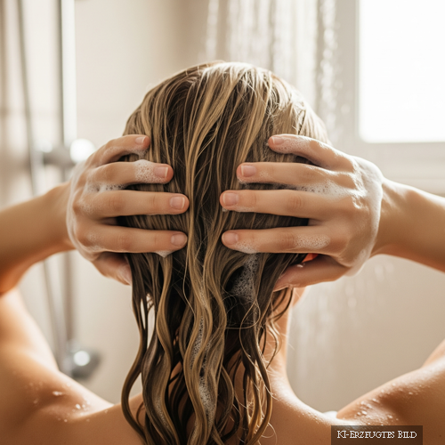 zeigt blonde Frau von hinten beim Haarewaschen. Dieses Bild ist vom Friseur Susan Matz - Coiffeur in Nürnberg und ist KI erzeugt.