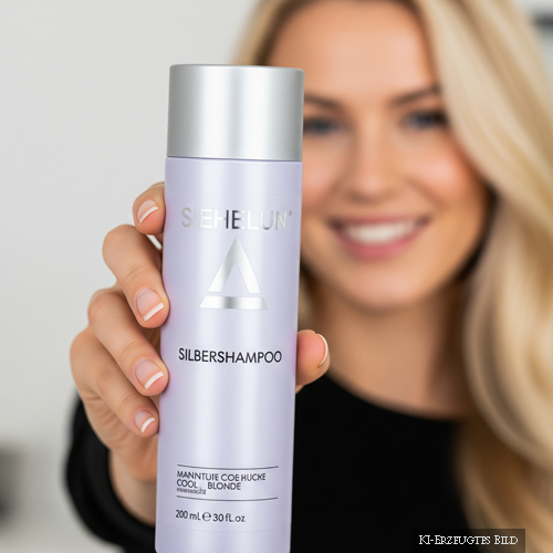 zeigt blonde Frau die eine Silbershampooflasche in der Hand hält. Dieses Bild ist vom Friseur Susan Matz - Coiffeur in Nürnberg und ist KI erzeugt.