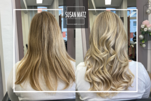 Vorher-Nachher: Airtouch Blond mit Extensions zur Haarverlängerung bei Susan Matz Coiffeur Nürnberg