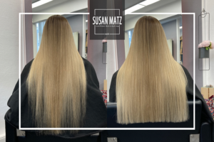 Vorher-Nachher: Haarverdichtung Nürnberg mit Balayage und blonden Extensions zur Haarverdichtung bei Susan Matz - Coiffeur in Nürnberg