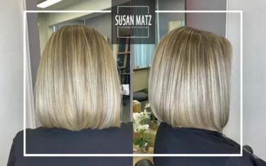 Eleganter Bobhaarschnitt mit blondem Haar in seitlicher und Rückenansicht vom Friseur Susan Matz - Coiffeur in Nürnberg