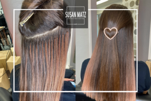 Balayage mit Extensions ohne Blondierung: Rosé-Effekt bei Susan Matz Coiffeur in Nürnberg.