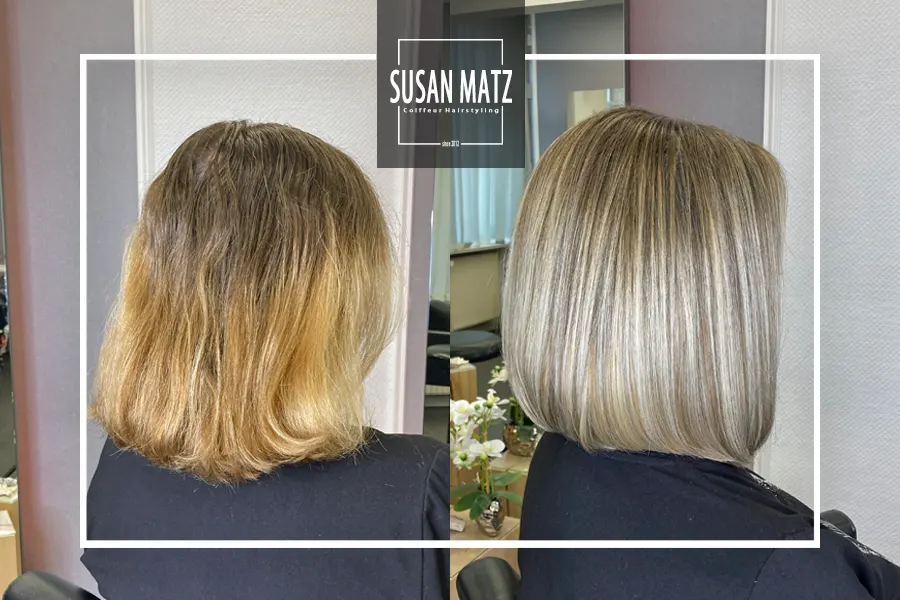 Vorher-Nachher seitlich Farbkorrektur, Gelbstich entfernen für blonde Haare von rausgewachsenem Blond mit Gelbstich zu kühlem Blond mit Lowlights vom Friseur Susan Matz - Coiffeur in Nürnberg