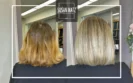 Vorher-Nachher Farbkorrektur für blonde Haare, Gelbstich entfernen, rausgewachsenes Blond mit Gelbstich zu kühlem Blond mit Lowlights in Rückenansicht beim Friseur Susan Matz - Coiffeur in Nürnberg