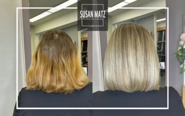 Vorher-Nachher Farbkorrektur für blonde Haare, Gelbstich entfernen, rausgewachsenes Blond mit Gelbstich zu kühlem Blond mit Lowlights in Rückenansicht beim Friseur Susan Matz - Coiffeur in Nürnberg