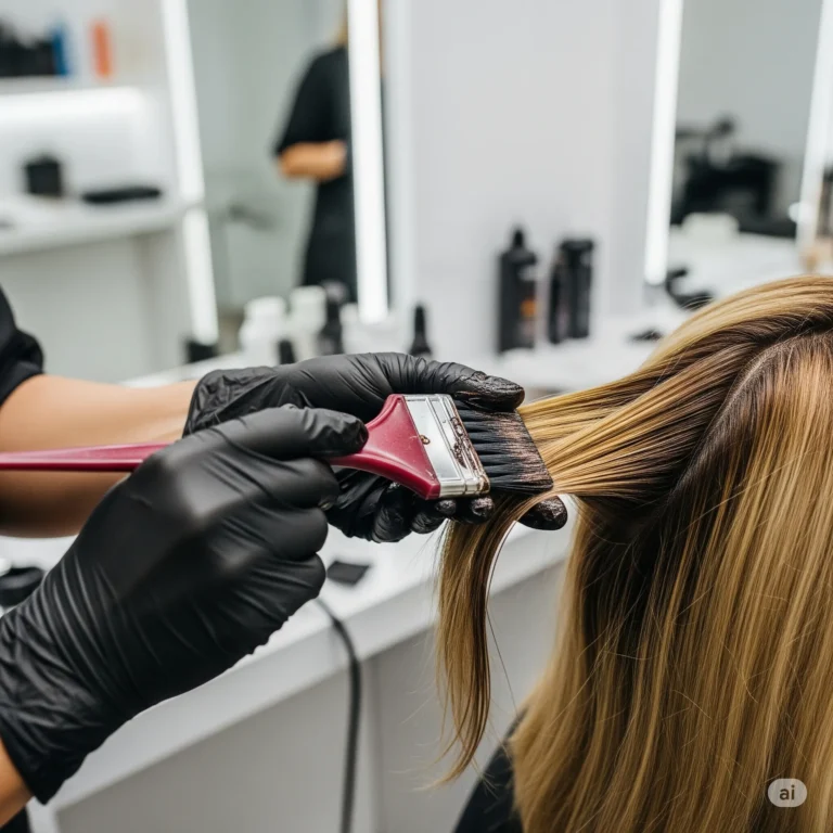 Friseurin trägt mit breitem Pinsel Haarfarbe auf Kundin mit rausgewachsenem, gelbstichigem Blond und dunklem Ansatz auf. Professionelle Farbkorrektur und Ansatzbehandlung im Friseursalon Susan Matz - Coiffeur in Nürnberg.