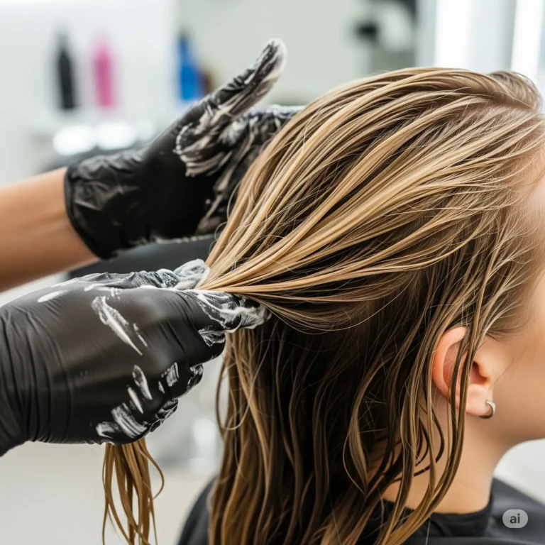Friseurhände tragen reichhaltige Haarmaske auf gesundes, glänzendes Blondhaar auf. Zeigt optimale Versiegelung und Pflege für professionellen Blondlook beim Friseur Susan Matz - Coiffeur in Nürnberg.