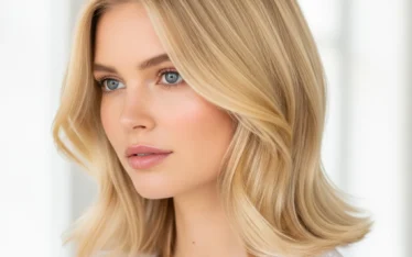 Nahaufnahme von glänzende, gesunde, schulterlange blonde Haare in strahlendem Blond, das Perfektion und Gesundheit ausstrahlt. Symbolisiert Teamwork zwischen Friseur und Kunde für Traumblond.