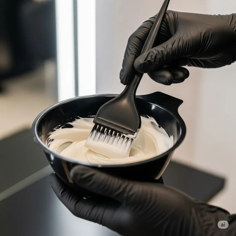 Nahaufnahme: Friseurhände in schwarzen Handschuhen verrühren weißliche Blondierung mit sauberem Pinsel in schwarzer Schale. Zeigt professionelle Vorbereitung der Blondierprodukte im Friseursalon Susan Matz - Coiffeur in Nürnberg.