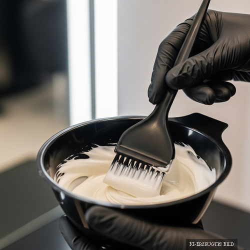 Nahaufnahme: Friseurhände in schwarzen Handschuhen verrühren weißliche Blondierung mit sauberem Pinsel in schwarzer Schale. Zeigt professionelle Vorbereitung der Blondierprodukte im Friseursalon Susan Matz - Coiffeur in Nürnberg. Dieses Bild ist KI erzeugt.