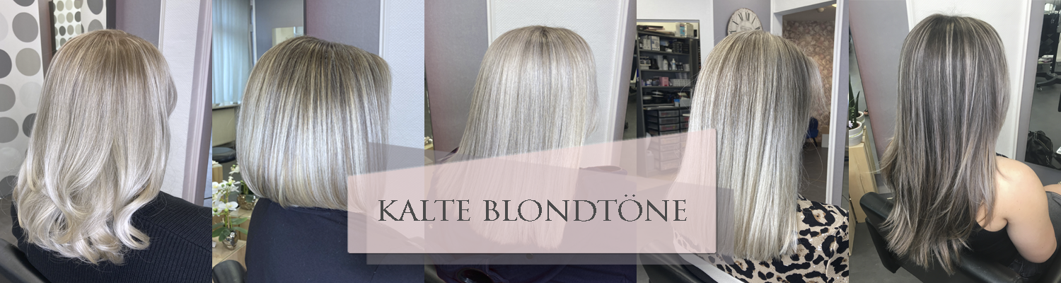 Collage von Kundinnen mit kalten Blondtönen, wie Platinblond und Aschblond, kreiert durch Blond Glossing Expertise Nürnberg vom Friseurteam Susan Matz - Coiffeur.