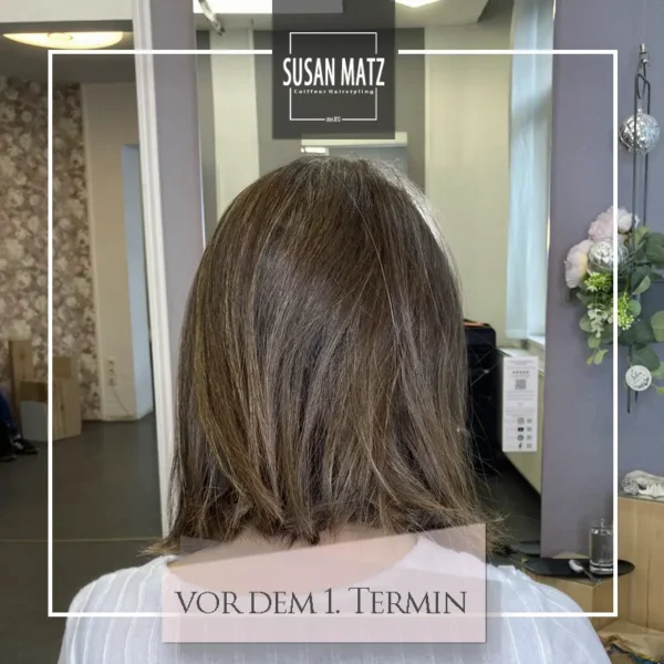 Grey Blending Nürnberg Vorher dunkle Haare warmer Braunton grauer Ansatz