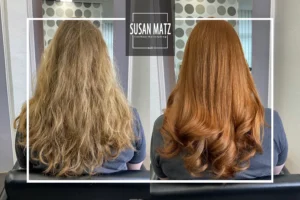 Vorher-Nachher Vergleich einer Coloration: Transformation von mattem Blond zu einem glänzenden Kupferbraun mit ammoniakfreier iNOA Haarfarbe beim Friseur Susan Matz - Coiffeur in Nürnberg.