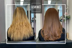 Vorher-Nachher Vergleich einer Haar-Transformation: Von ausgewaschenem Blond zu einem edlen Braunkupfergold mit ammoniakfreier iNOA Haarfarbe beim Friseur Susan Matz - Coiffeur in Nürnberg.