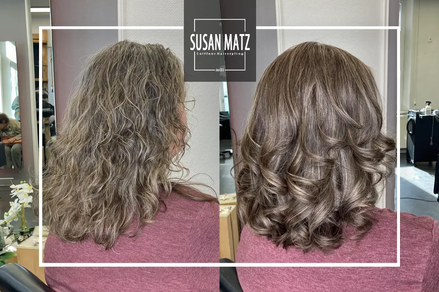 Grey Glazing vorher nachher | sanfte Grauabdeckung in Nürnberg Eine sanfte Grauabdeckung mit Grey Glazing. Das vorher nachher Bild zeigt wie weich und natürlich graue Haare in eine neue Haarfarbe integriert werden. Grey Glazing beim Friseur Susan Matz - Coiffeur in Nürnberg.