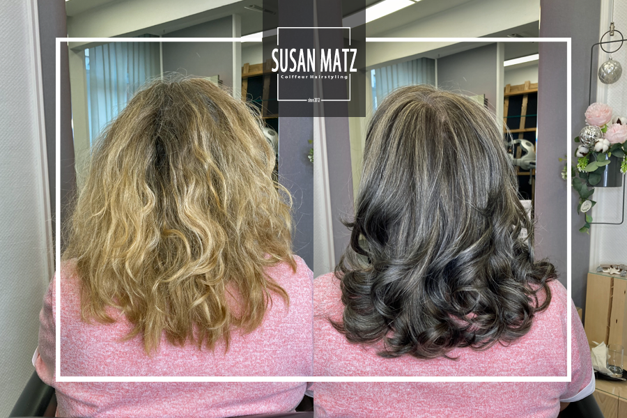 Vorher-Nachher Vergleich: Transformation von gelbstichigem Haar zu kühlem Grey Blending für natürliche Grauhaarkombination. Grey Blending zum rauswachsen lassen beim Friseur Susan Matz - Coiffeur in Nürnberg.
