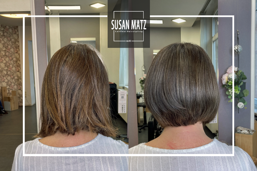 Vorher-Nachher Vergleich einer Grey Blending Behandlung bei 40 Prozent Grauanteil für einen weichen Rauswuchs. Grey Blending zum raus wachsen lassen beim Friseur Susan Matz - Coiffeur in Nürnberg.