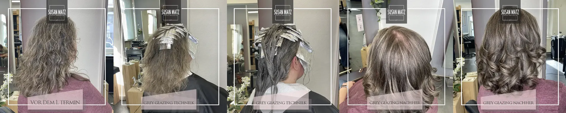 Kundengeschichte: Grey Glazing - sanfte Grauabdeckung Kundengeschichte: Grey Glazing - sanfte Grauabdeckung. Vorherbild, Grey Glazing Technik und Nachherbild beim Friseur Susan Matz - Coiffeur in Nürnberg.