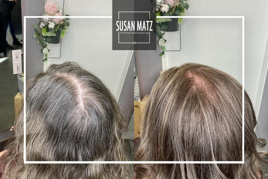 Sanfte Grauabdeckung Nürnberg | Vorher Nachher Sanfte Grauabdeckung mit Grey Glazing. Das vorher nachher Bild zeigt wie weich und natürlich die grauen Haare in die neue Haarfarbe integriert wurden. Grey Glazing beim Friseur Susan Matz - Coiffeur in Nürnberg.