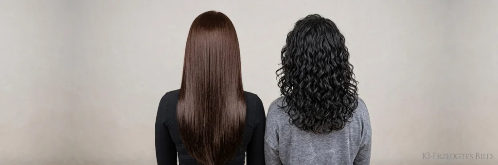 Zeigt zwei Frauen einmal mit glattem Haar und ein mal mit dauergewelltem Haar. Dieses Bild ist vom Friseur Susan Matz - Coiffeur in Nürnberg und enthält KI erzeugte Elemente.