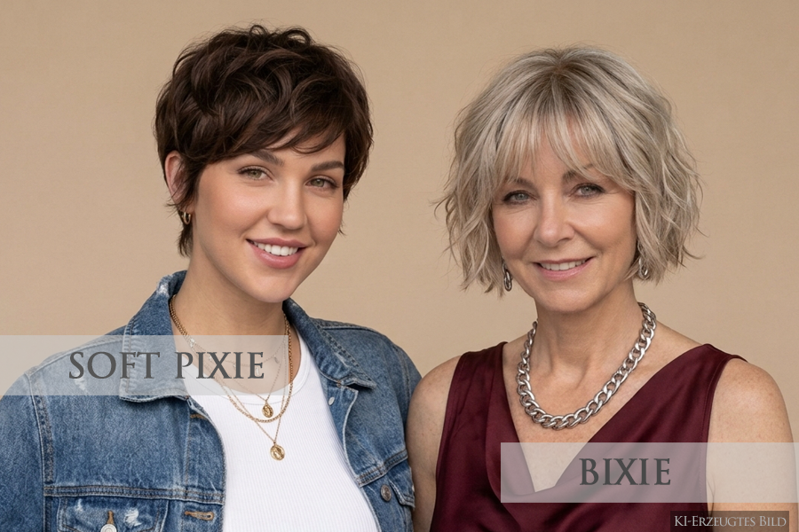 Sommerfrisuren 2026 - Kurzhaar Haarschnitte | Susan Matz - Coiffeur Nürnberg KI-generiertes Bild: Zeigt zwei Frauen mit Kurzhaarfrisuren für Sommerfrisuren 2026 vom Friseur Susan Matz - Coiffeur in Nürnberg. linke Frau dunkle Haare und soft Pixie Haarschnitt, rechte Frau blond Haare und Bixie Haarschnitt