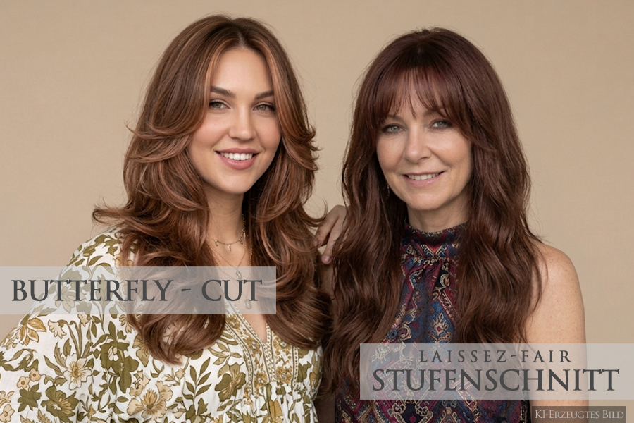 Sommerfrisuren 2026 - Langhaar Haarschnitte | Susan Matz - Coiffeur Nürnberg KI-generiertes Bild: Zeigt zwei Frauen mit Langhaarfrisuren für Sommerfrisuren 2026 vom Friseur Susan Matz - Coiffeur in Nürnberg. linke Frau braune Haare mit zarten helleren Strähnen und Butterfly Haarschnitt, rechte Frau rotbraune Haare und laissez fair Stufenhaarschnitt