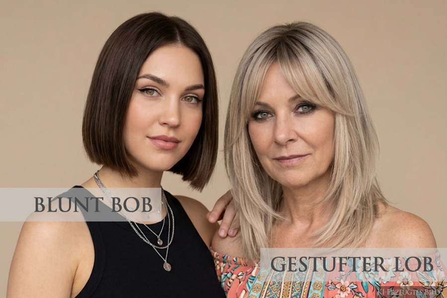 Sommerfrisuren 2026 - Haarschnitte für halblange Haare | Susan Matz - Coiffeur Nürnberg KI-generiertes Bild: Zeigt zwei Frauen mit mittellangen Haarfrisuren für Sommerfrisuren 2026 vom Friseur Susan Matz - Coiffeur in Nürnberg. linke Frau dunkle Haare und Blunt Bob Haarschnitt, rechte Frau blond Haare und gestufter Lob Haarschnitt