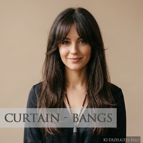 Sommerfrisuren 2026 - Curtainbangs | Susan Matz - Coiffeur Nürnberg KI-generiertes Bild: Zeigt eine Frauen mit langen dunklen Haaren und einem Curtainbangs Pony für Sommerfrisuren 2026 vom Friseur Susan Matz - Coiffeur in Nürnberg.