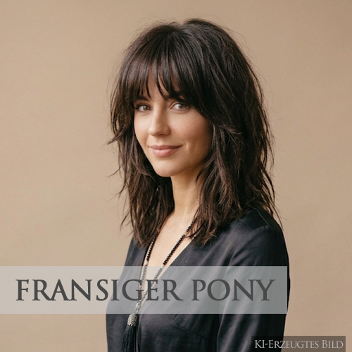 Sommerfrisuren 2026 - fransiger Pony | Susan Matz - Coiffeur Nürnberg KI-generiertes Bild: Zeigt eine Frauen mit dunklen schulterlangen Haaren und einem fransigen Pony für Sommerfrisuren 2026 vom Friseur Susan Matz - Coiffeur in Nürnberg.