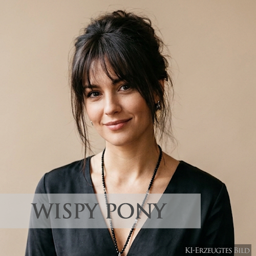 Sommerfrisuren 2026 - Wispy Pony | Susan Matz - Coiffeur Nürnberg KI-generiertes Bild: Zeigt eine Frauen mit locker hochgesteckten dunklen Haaren und einem Wispy Pony für Sommerfrisuren 2026 vom Friseur Susan Matz - Coiffeur in Nürnberg.