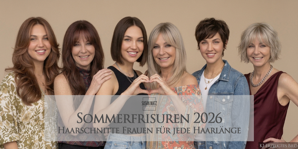 KI-generiertes Bild: Sechs Frauen in verschiedenen Altersgruppen präsentieren die Sommerfrisuren 2026 von Susan Matz – Coiffeur in Nürnberg. Zu sehen sind moderne Haarschnitte für Frauen von Kurzhaarschnitt Pixie, Bixie über mittellanges Haar Bob, Long Bob bis zu Langhaarschnitten Stufenschnitt, Layer Cut, Butterfly Cut mit Curtain Bangs.