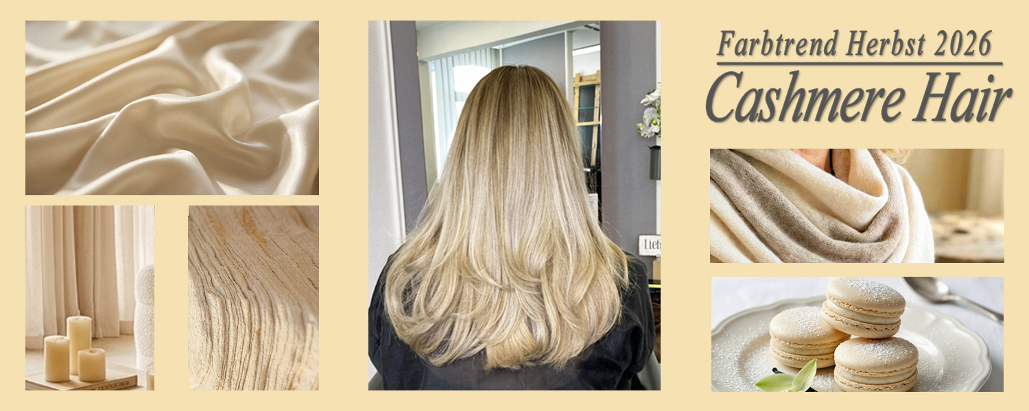 Veredeltes Cashmere Blond ohne Gelbstich für den Haartrend Herbst 2026 und Inspirationen vom Friseur-Team Susan Matz - Coiffeur in Nürnberg. Haarbild ist echt und Inspirationsbilder sind KI generiert.