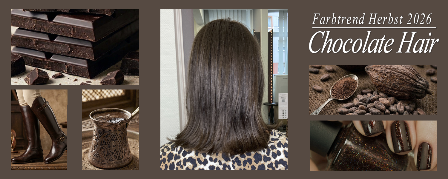 Glänzendes Chocolate Braun im Expensive-Brunette-Look ohne Rotstich für den Herbst 2026. Haare und Inspirationen vom Friseur Susan Matz - Coiffeur in Nürnberg. Haarbild ist echt und Inspirationsbilder sind KI generiert.