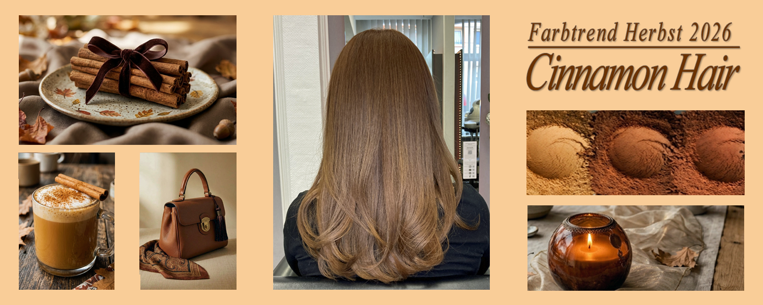 Cinnamon Hair - Zimt Haarfarbe für den Haartrend Herbst 2026 und Inspirationen vom Friseur Susan Matz - Coiffeur in Nürnberg. Haarbild ist echt und Inspirationsbilder sind KI generiert.