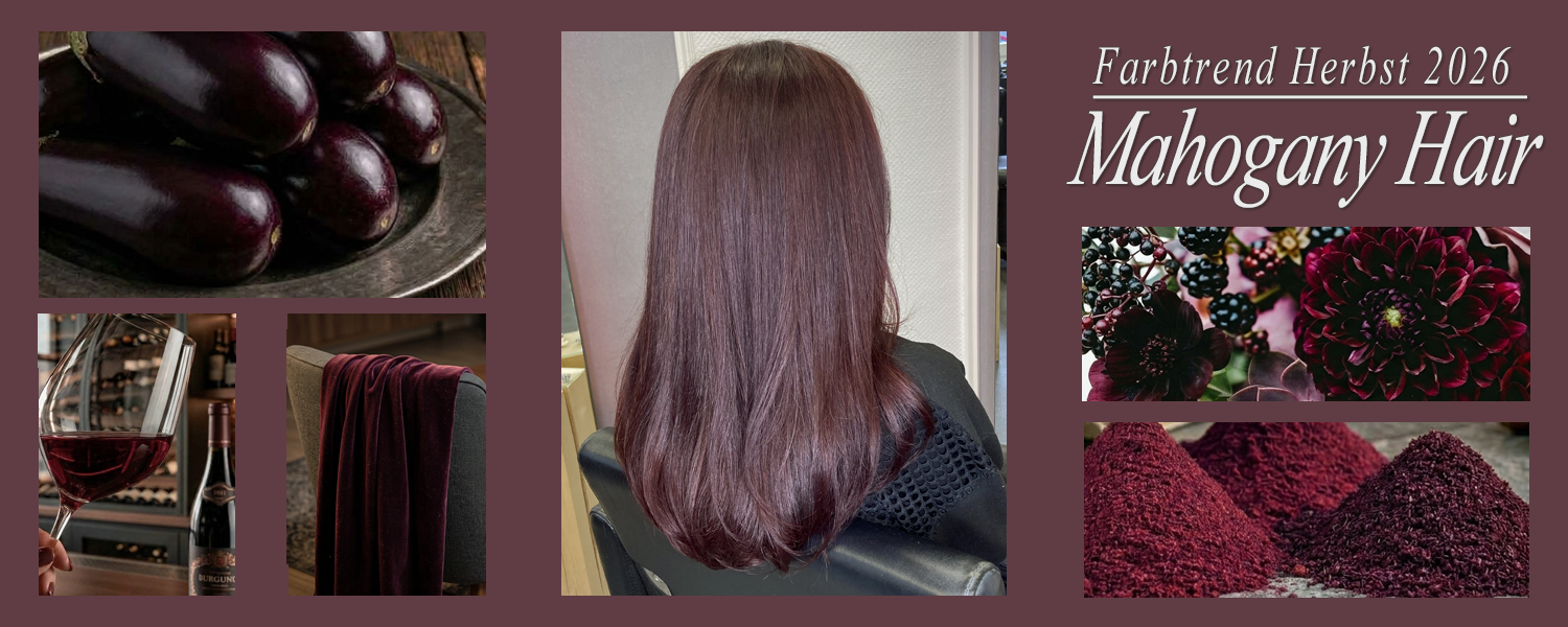 Satter, edler Mahagoni- und Beerenton für die Trendhaarfarbe Mahogany Hair im Herbst 2026. Ammoniakfreie Haarfarbe und Inspirationen vom Friseur Susan Matz - Coiffeur in Nürnberg. Haarbild ist echt und Inspirationsbilder sind KI generiert.